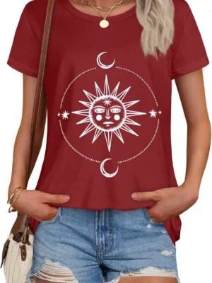 Red Sun Moon Print Women's Graphic Tees