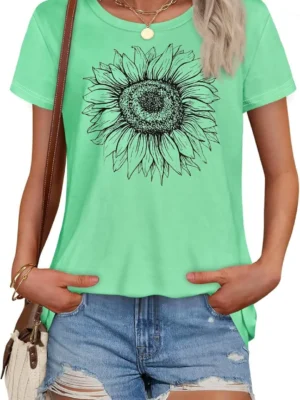 Green Sunflower Print Women's Graphic Tees