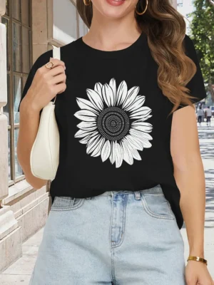 Black White Sunflower Print Women's Graphic Tees