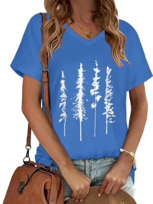 Dark Blue Tree Women's V Neck Short Sleeve Graphic Tees