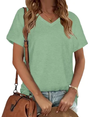 Solid Green Color Women's V Neck Short Sleeve Graphic Tees