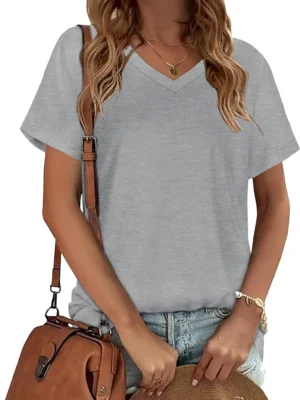 Solid Grey Color Women's V Neck Short Sleeve Graphic Tees