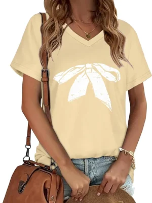 Yellow Butterfly Print Women's V Neck Short Sleeve Graphic Tees