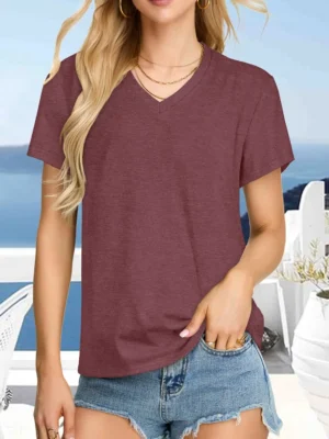 Wine Red Color Women's V Neck Short Sleeve Graphic Tees