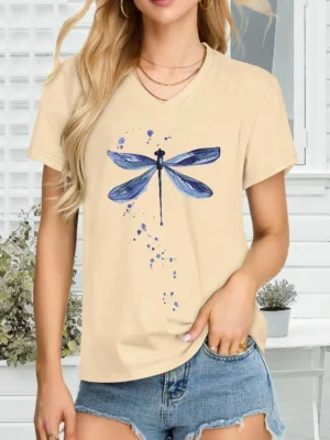 Light Yellow Dragonfly Women's V Neck Short Sleeve Graphic Tees