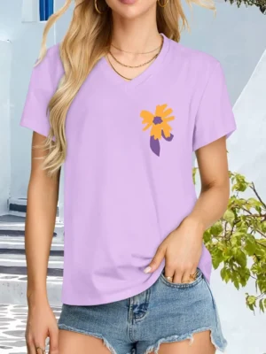 Purple Yellow Flower Women's V Neck Short Sleeve Graphic Tees