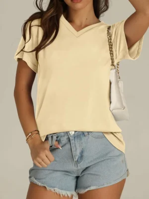 Solid Khaki Color Women's V Neck Short Sleeve Graphic Tees