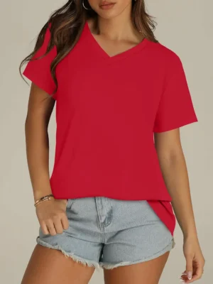 Solid Red Color Women's V Neck Short Sleeve Graphic Tees