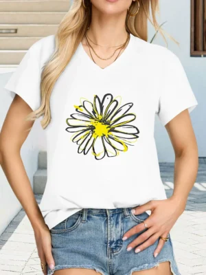 White Sunflower Print Women's V Neck Short Sleeve Graphic Tees