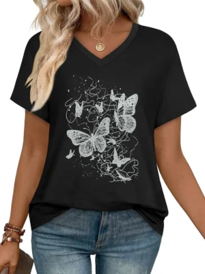 Black White Butterfly Women's V Neck Short Sleeve Graphic Tees