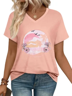 Pink Seaside Women's V Neck Short Sleeve Graphic Tees