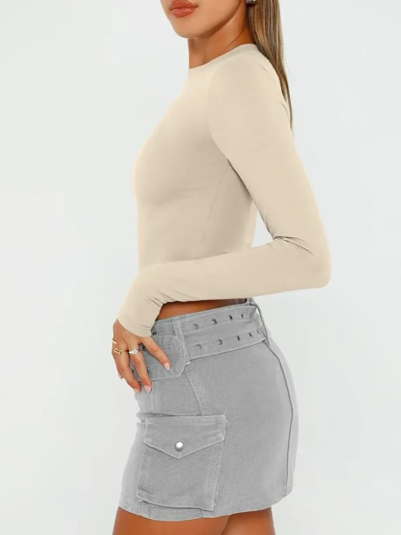 Black White Color Womens Long Sleeve Crop Slim T Shirts - Image 8