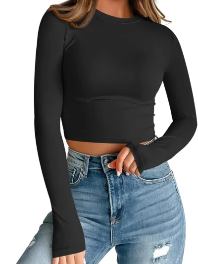 Black White Color Womens Long Sleeve Crop Slim T Shirts