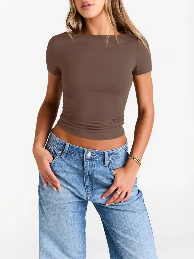 Brown Color Womens Boat Neck Tops Short Sleeve T-Shirts - Image 5