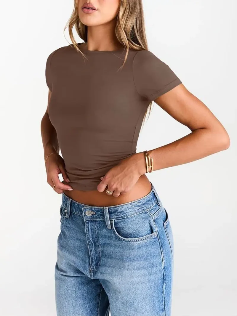 Brown Color Womens Boat Neck Tops Short Sleeve T-Shirts - Image 4