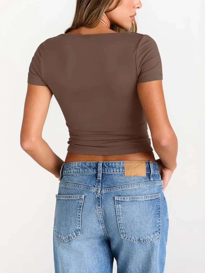 Brown Color Womens Boat Neck Tops Short Sleeve T-Shirts - Image 3
