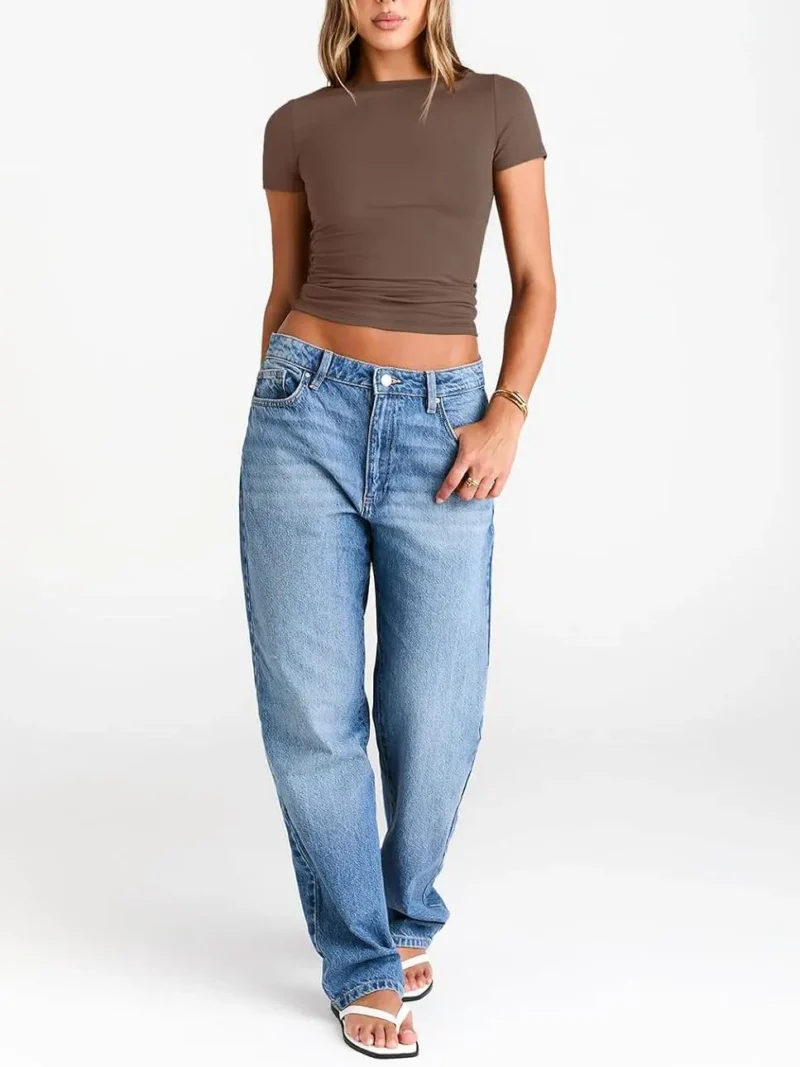 Brown Color Womens Boat Neck Tops Short Sleeve T-Shirts - Image 2