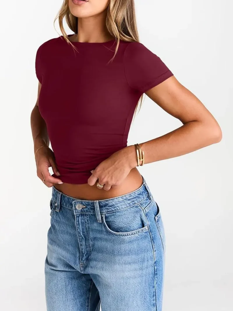 Red Color Womens Boat Neck Tops Short Sleeve T-Shirts - Image 4