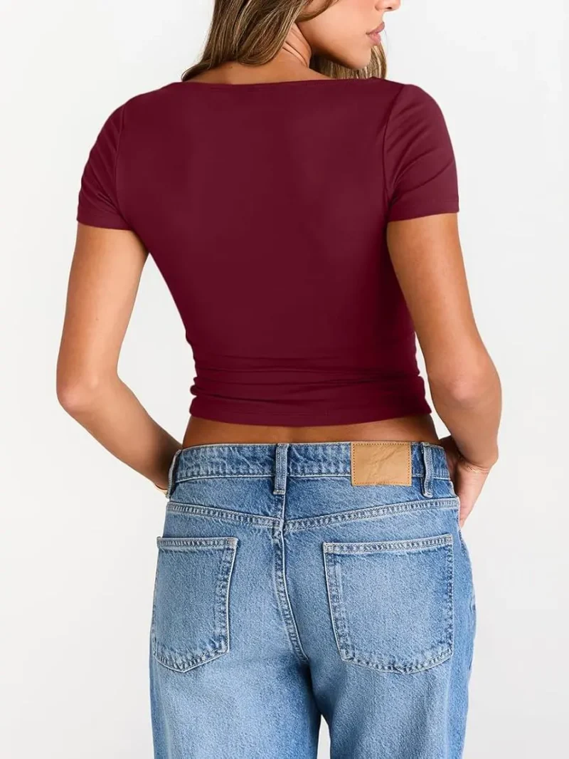 Red Color Womens Boat Neck Tops Short Sleeve T-Shirts - Image 5