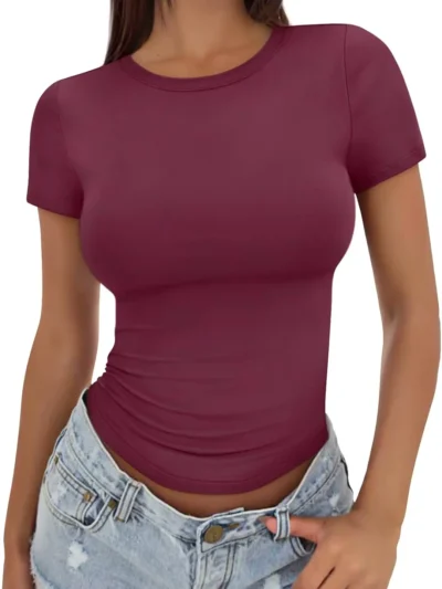 Red Color Womens Short Sleeve Slim Fit Tee