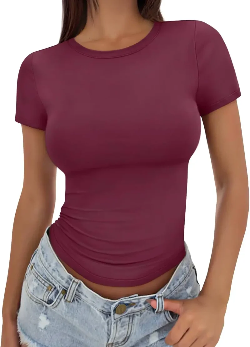 Red Color Womens Short Sleeve Slim Fit Tee