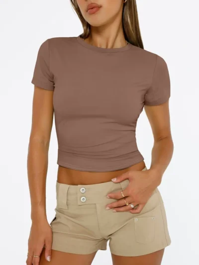 Coffee Color Womens Tops 2025 Short Sleeve Crop T Shirts