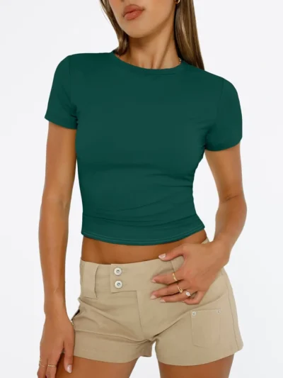 Green Color Womens Tops 2025 Short Sleeve Crop T Shirts