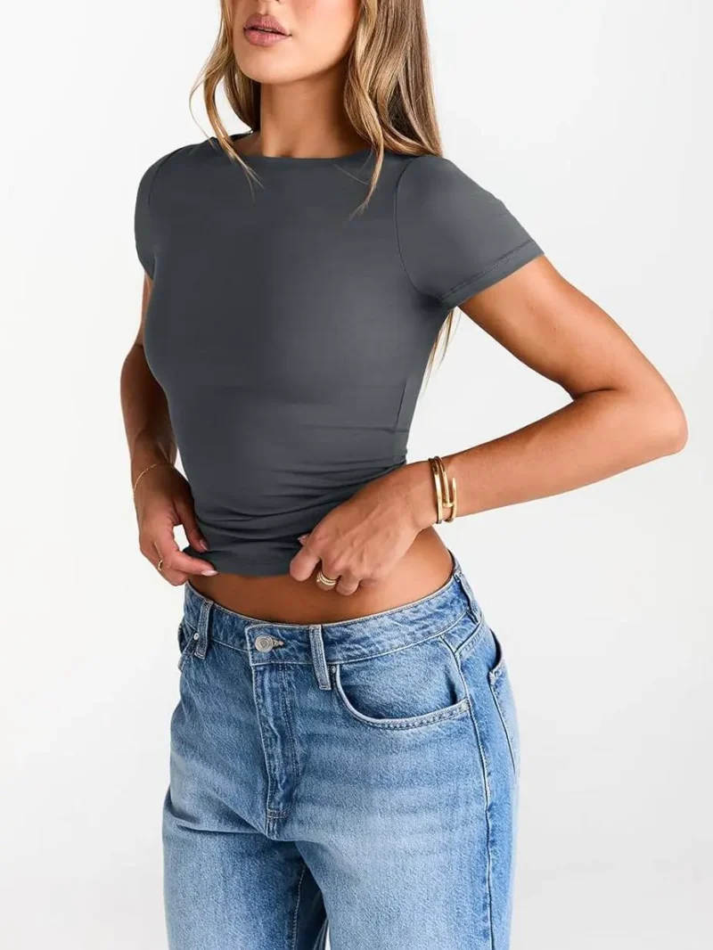 Gray Color Womens Boat Neck Tops Short Sleeve T-Shirts - Image 3