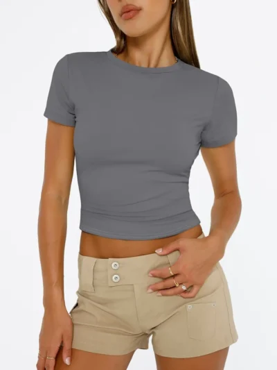 Gray Color Womens Tops 2025 Short Sleeve Crop T Shirts