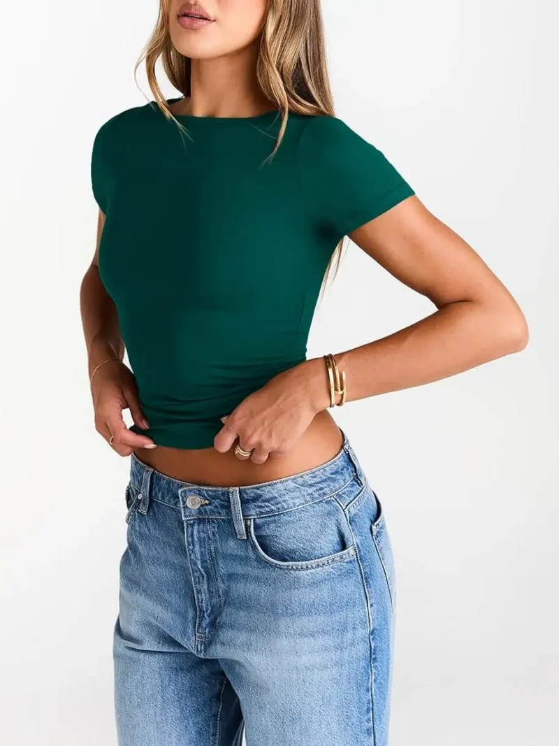 Green Color Womens Boat Neck Tops Short Sleeve T-Shirts - Image 3