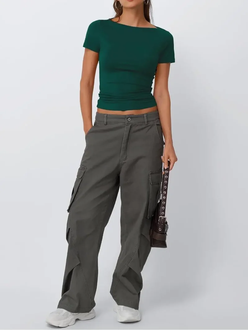 Green Color Womens Boat Neck Tops Short Sleeve T-Shirts - Image 6