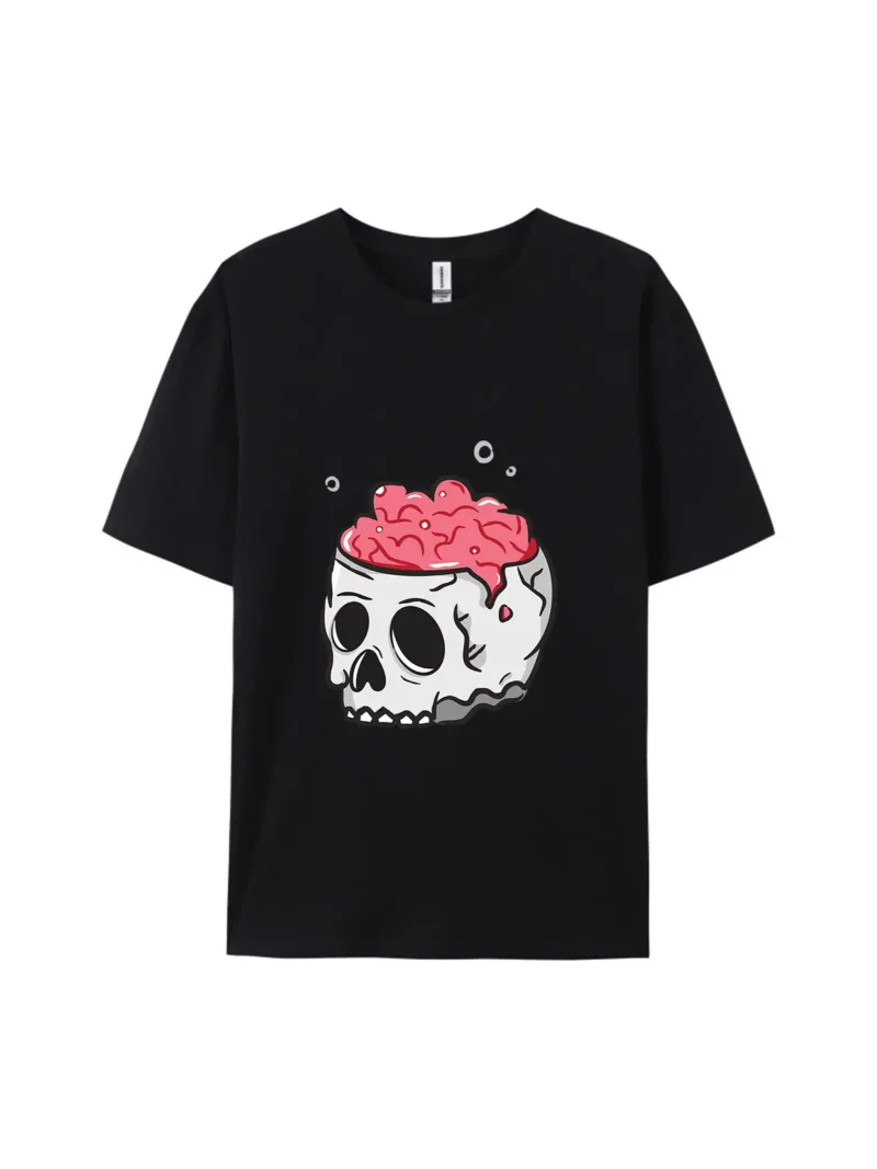 Halloween Cartoon Skull With Brain Graphic Tee - Image 2