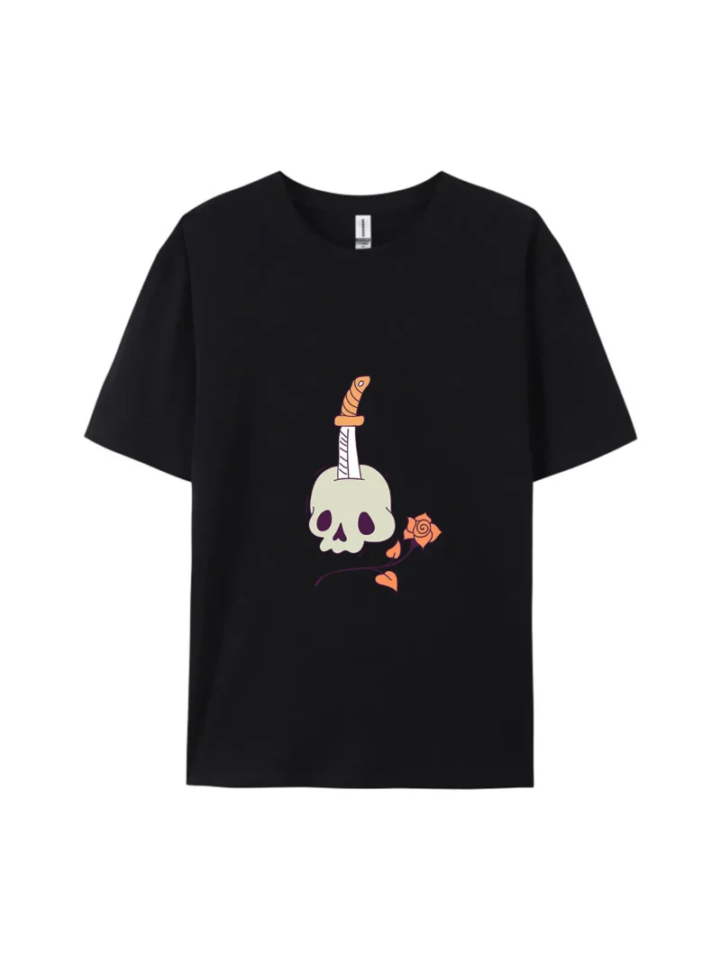 Halloween Skull With Knife & Rose Graphic Tee - Image 2
