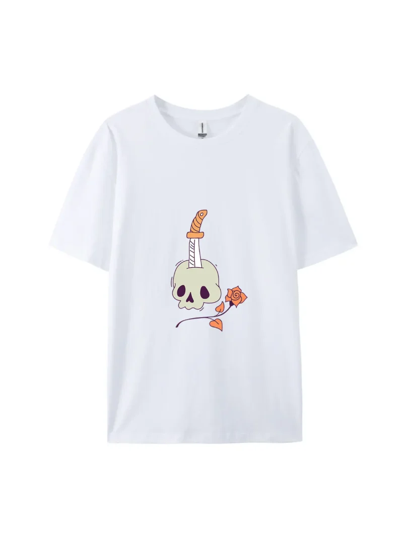 Halloween Skull With Knife & Rose Graphic Tee - Image 4