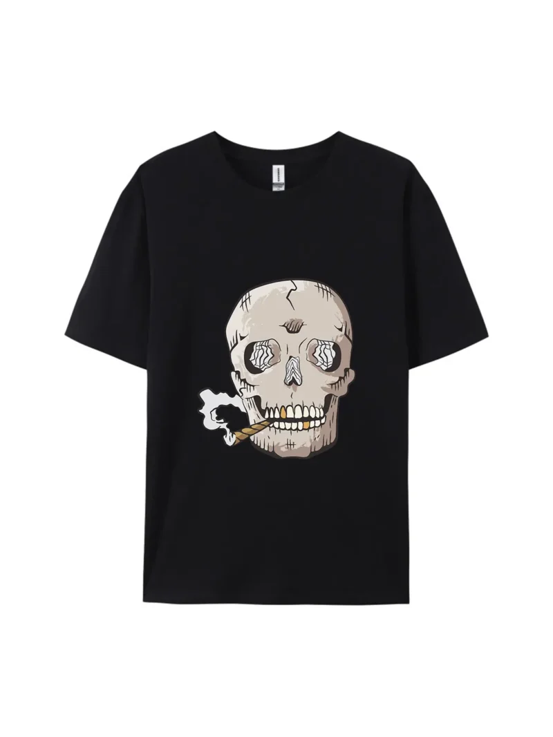 Halloween Cartoon Smoking Skull Graphic Tee - Image 2