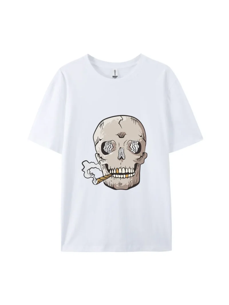 Halloween Cartoon Smoking Skull Graphic Tee - Image 4