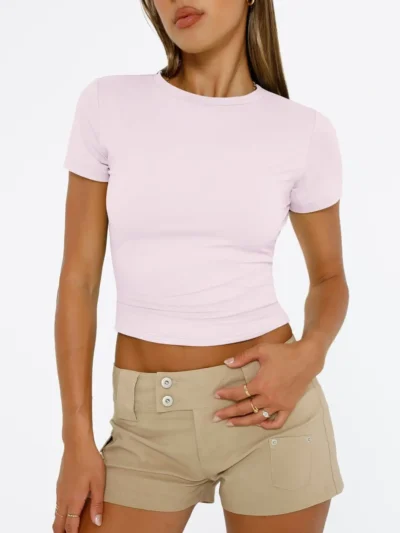 Pink Color Womens Tops 2025 Short Sleeve Crop T Shirts