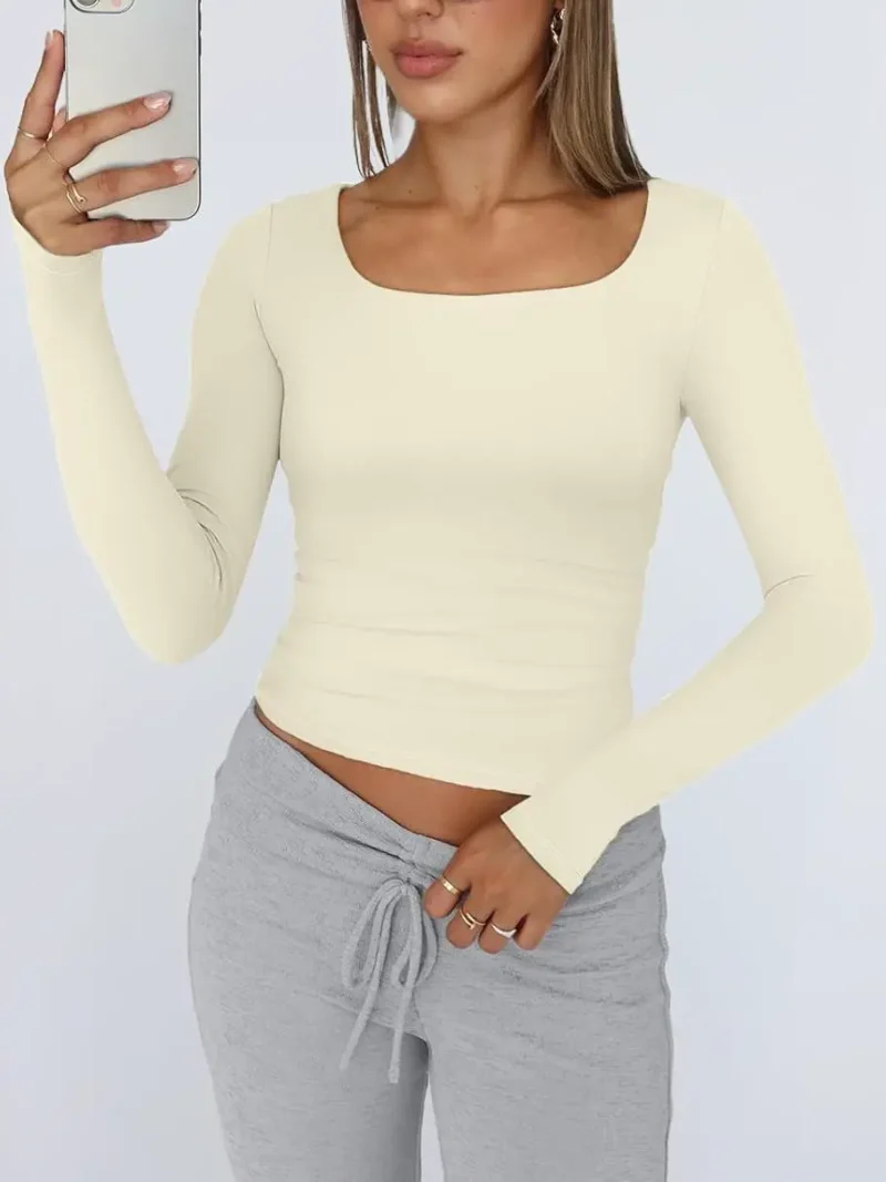 Womens Long Sleeve Shirts Fashion 2025 Square Neck Black Color - Image 5
