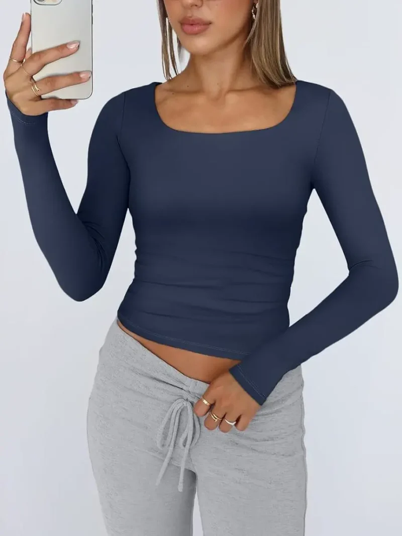 Womens Long Sleeve Shirts Fashion 2025 Square Neck Blue Color - Image 8