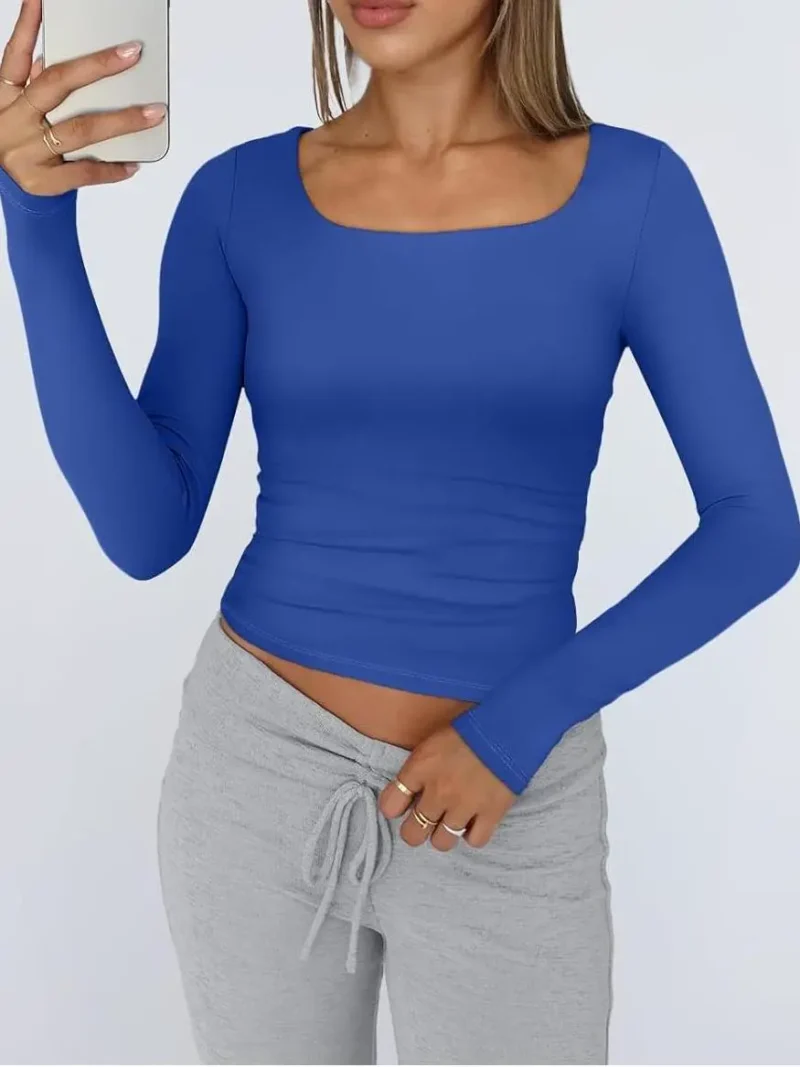 Womens Long Sleeve Shirts Fashion 2025 Square Neck Blue Color - Image 10