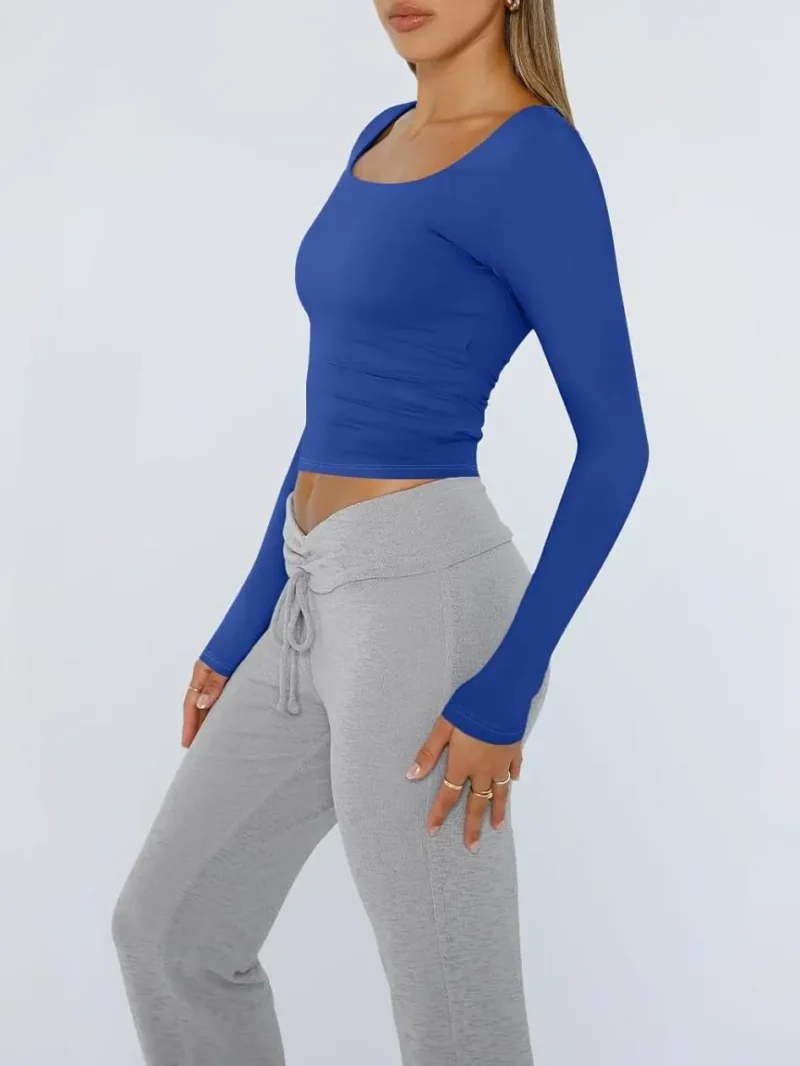 Womens Long Sleeve Shirts Fashion 2025 Square Neck Blue Color - Image 11