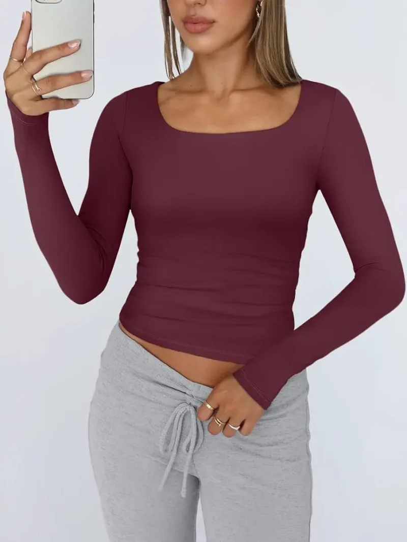 Womens Long Sleeve Shirts Fashion 2025 Square Neck Wine Red Color - Image 5
