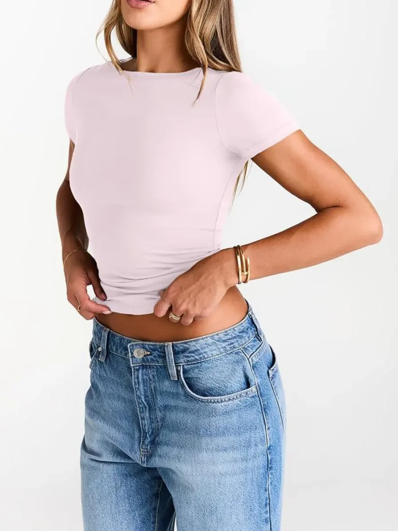 Pink Color Womens Boat Neck Tops Short Sleeve T-Shirts - Image 3