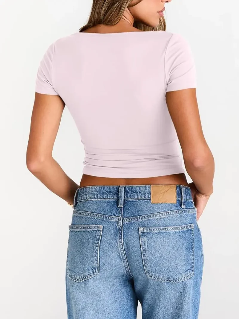 Pink Color Womens Boat Neck Tops Short Sleeve T-Shirts - Image 4