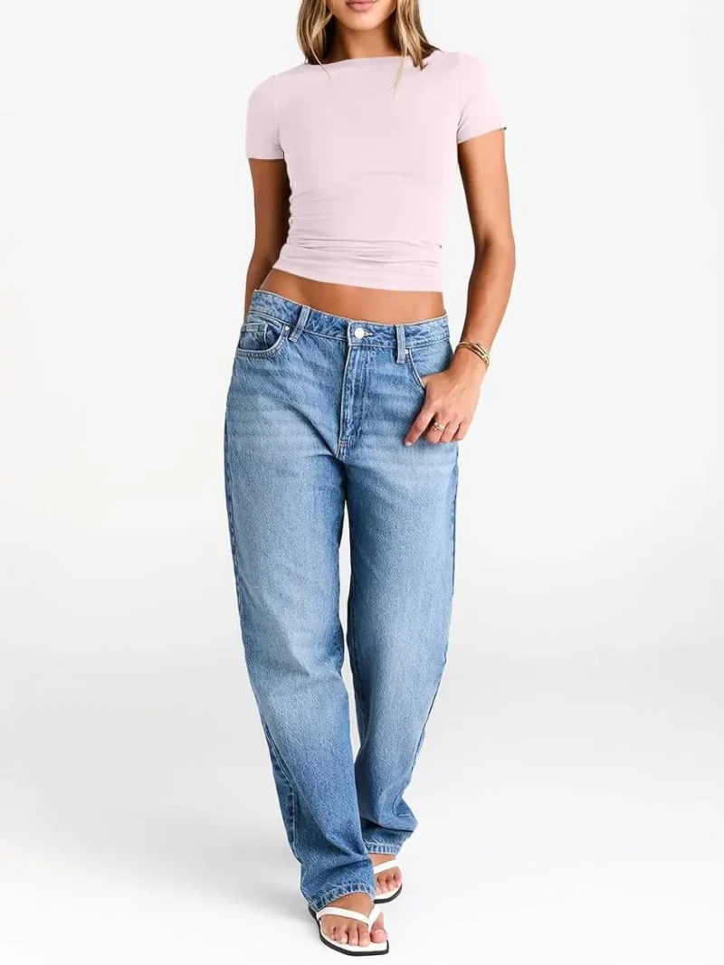 Pink Color Womens Boat Neck Tops Short Sleeve T-Shirts - Image 5