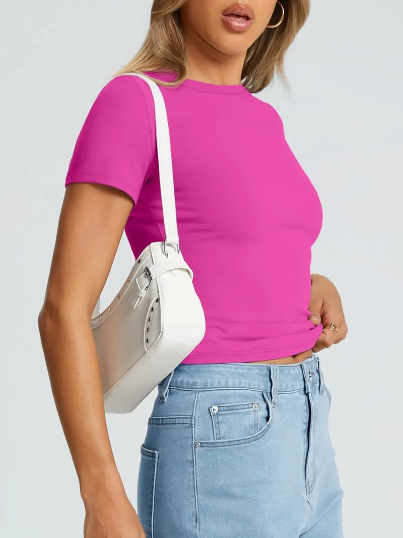 Pink Color Womens Short Sleeve Slim Fit Tee - Image 2