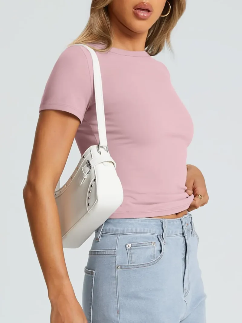 Pink Color Womens Short Sleeve Slim Fit Tee - Image 4