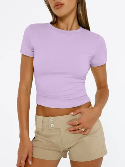 Purple Color Womens Tops 2025 Short Sleeve Crop T Shirts