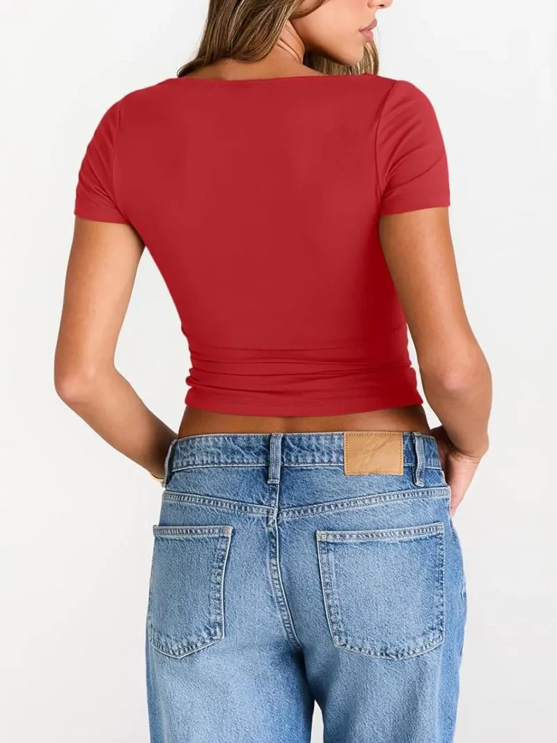 Red Color Womens Boat Neck Tops Short Sleeve T-Shirts - Image 3