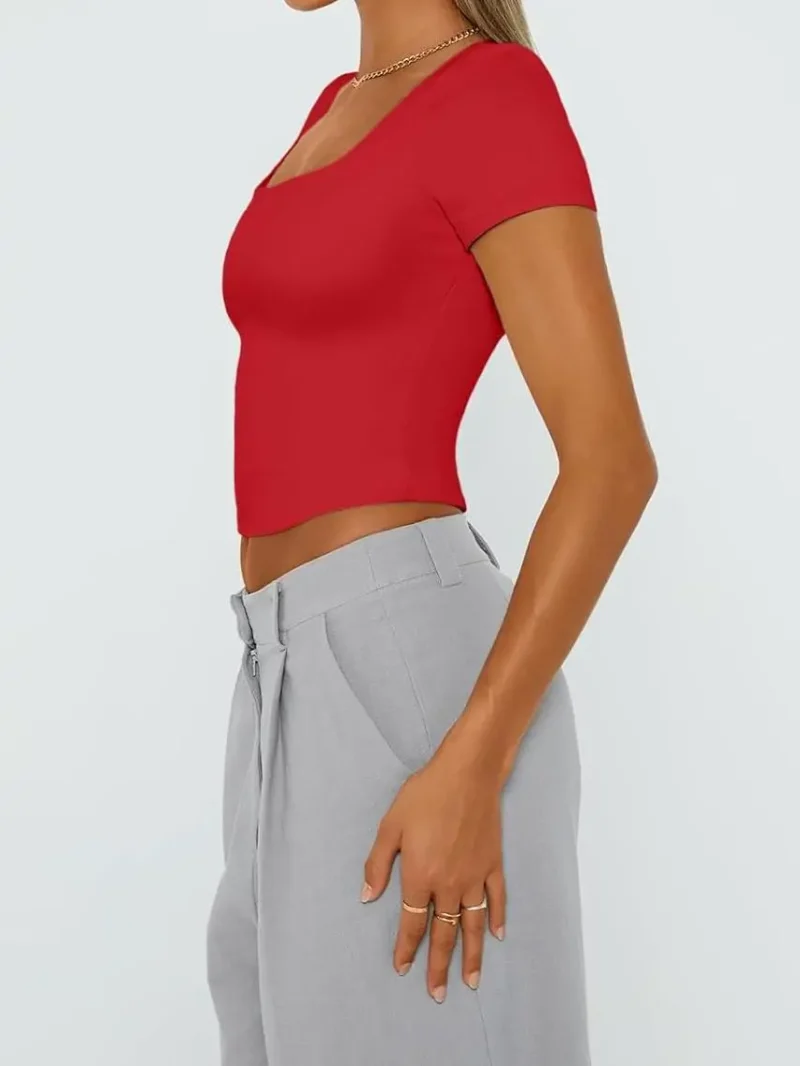 Red Color Womens Double Lined Going Out Crop T-Shirts - Image 4